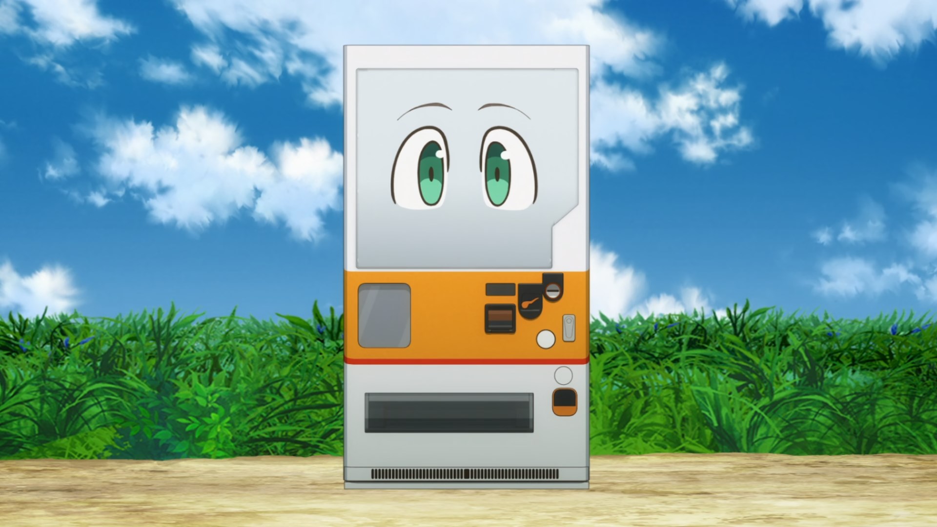 A vending machine stands at the edge of a dirt track. It has two huge eyes where its merchandise display should be